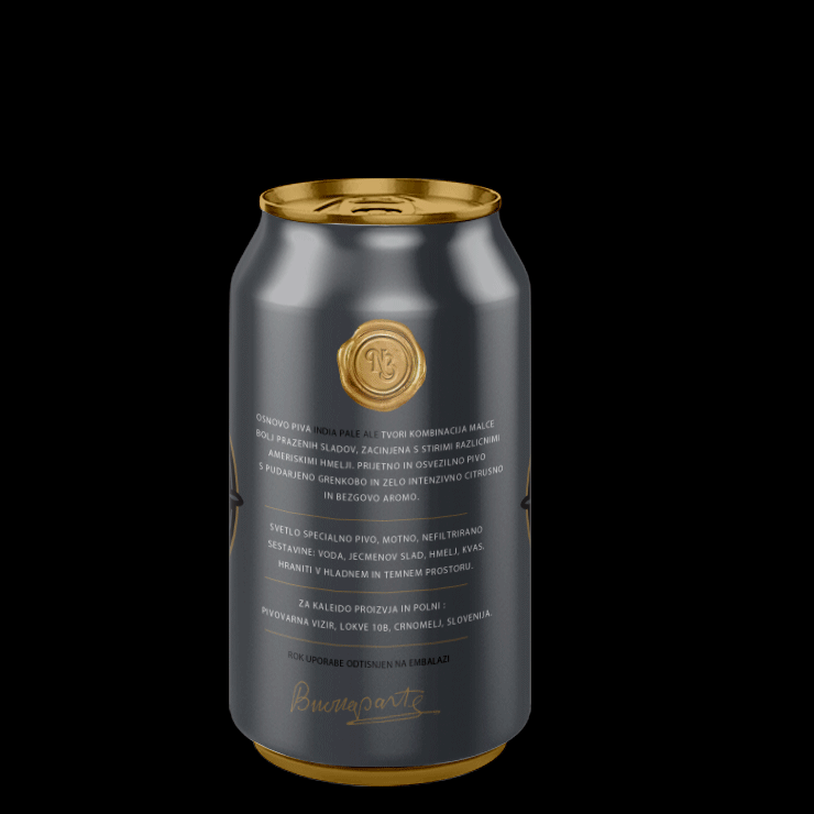 BONAPARTE India Pale Ale v pločevinki z zlatim NB pečatom — vrteči se prikaz